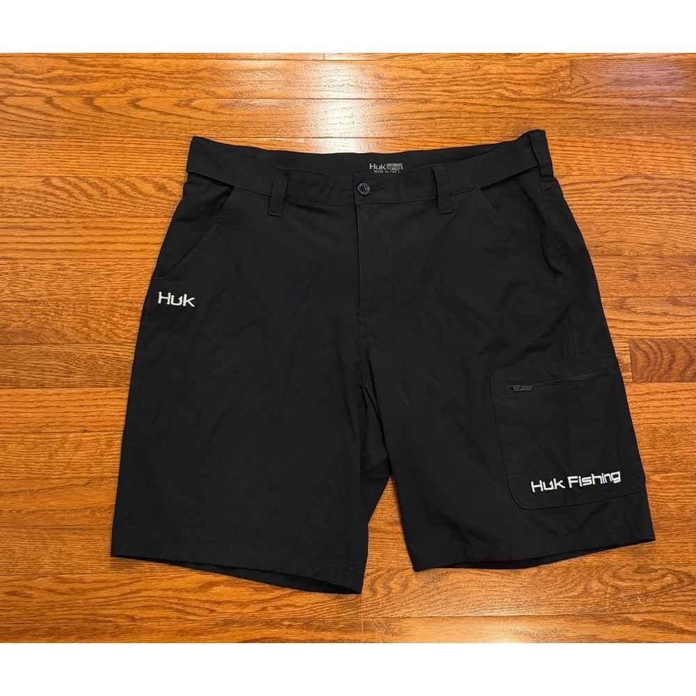 Huk Performance Fishing Cargo Shorts Men XL Black 10" Hiking Outdoor Zip Pockets